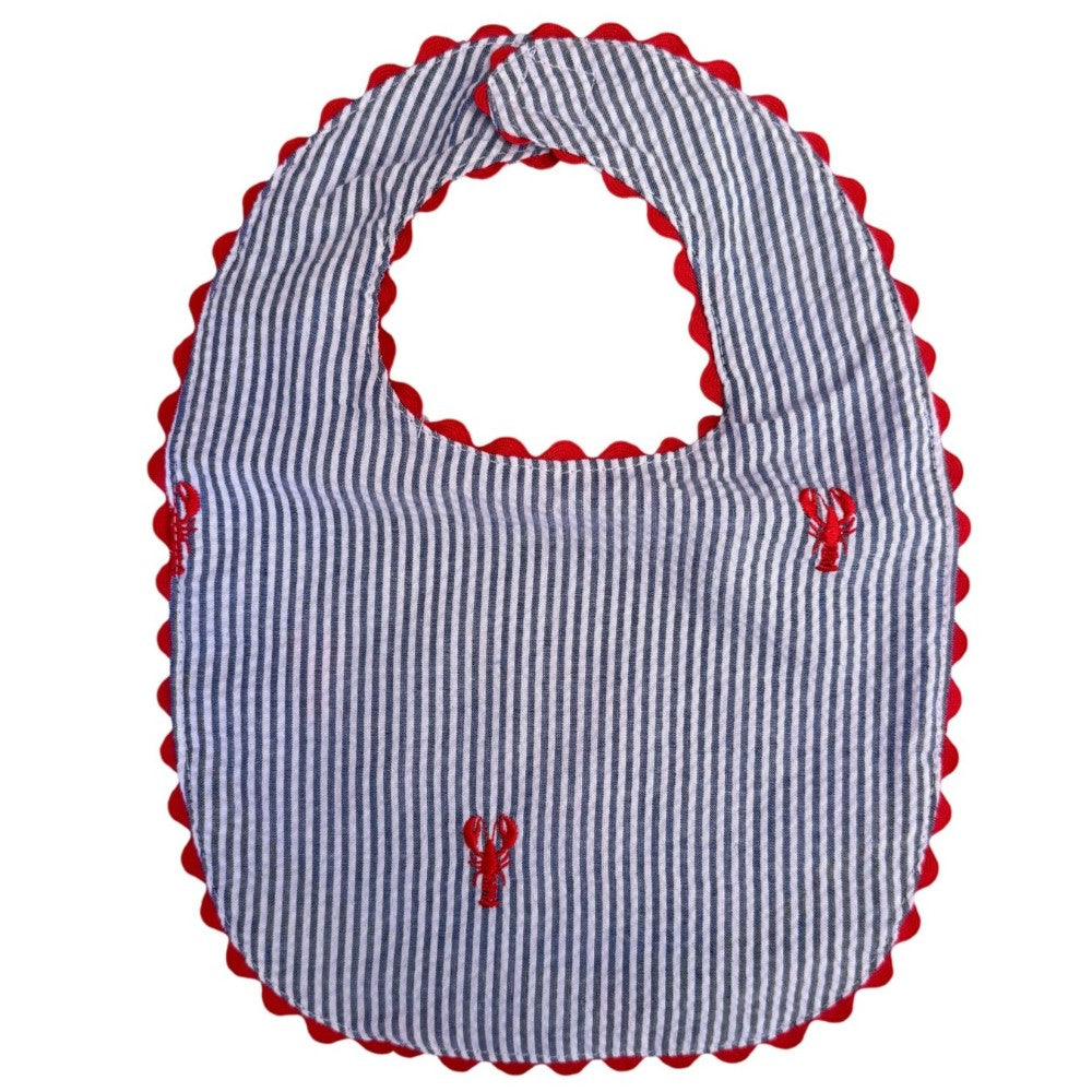 Blue Seersucker with Red Lobster Bib|10108