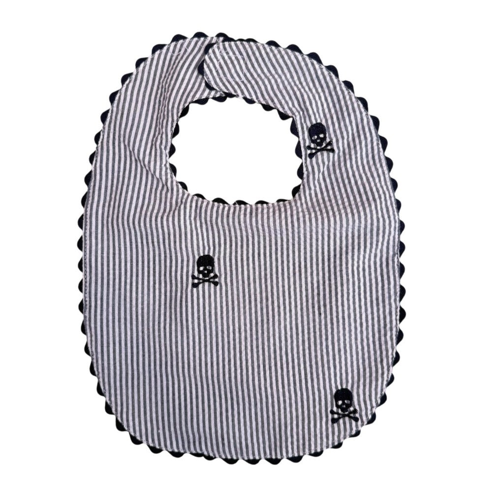 Navy Seersucker with Skulls Bib|10106