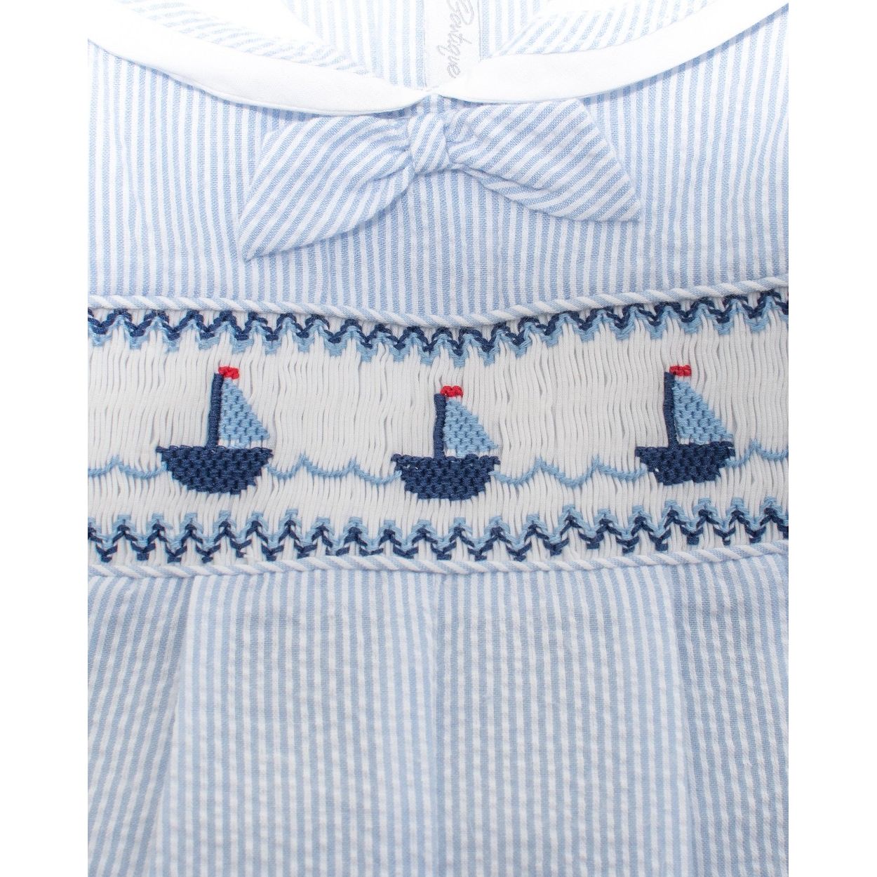 Light Blue Seersucker Sailboats Boy Romper|11611