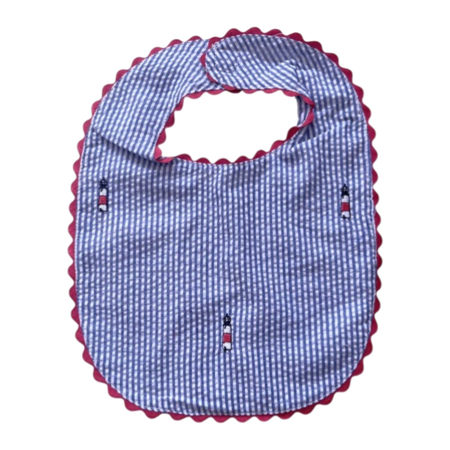 Blue Seersucker Bib with Lighthouse