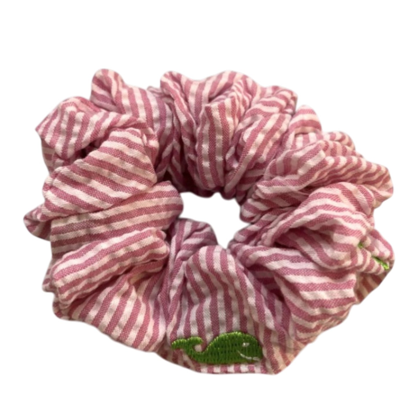 Pink Seersucker Scrunchies with Green Whales