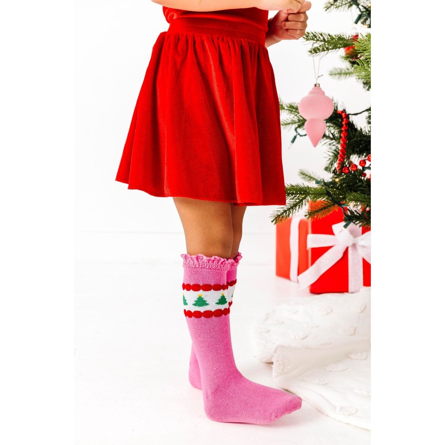 Pink Tree Lace Top Knee High Socks|11026