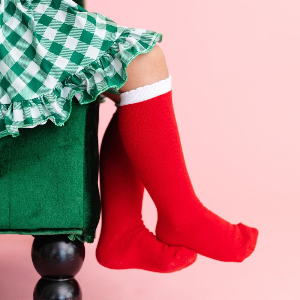 Red/White Scalloped Knee High Socks|11022