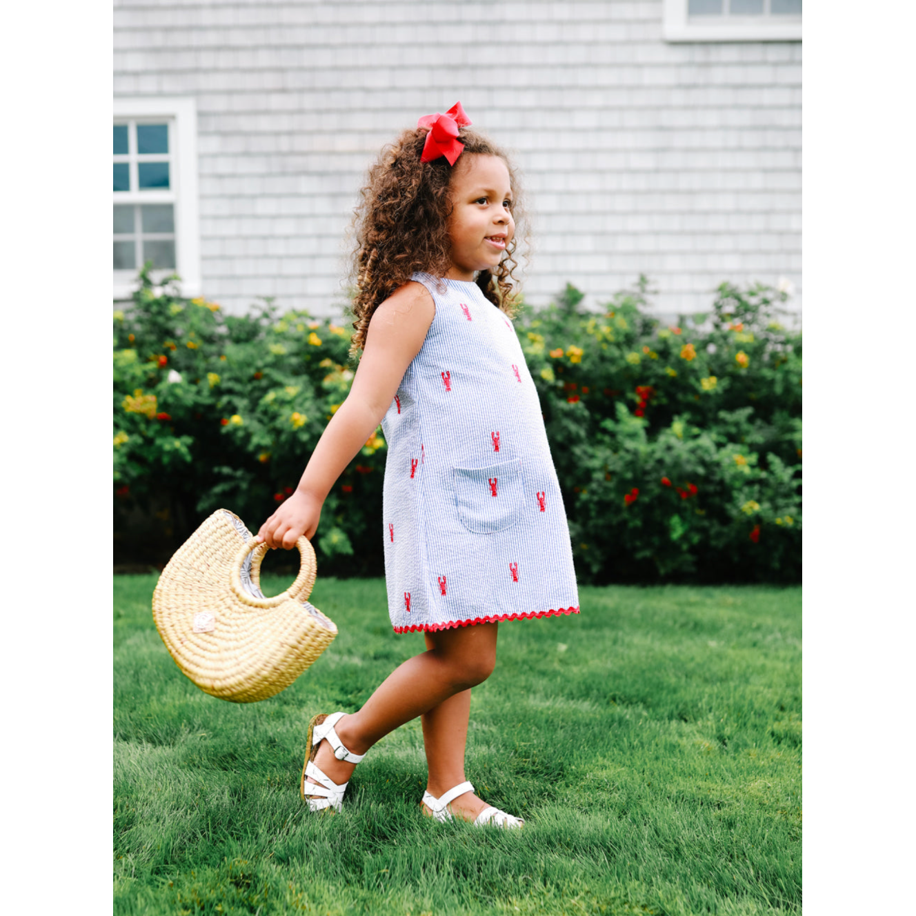 Blue Seersucker Dress with Red Lobsters|3119