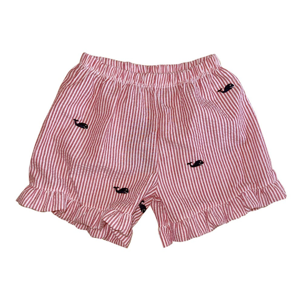 Red Seersucker Ruffle Shorts with Navy Whales|9625
