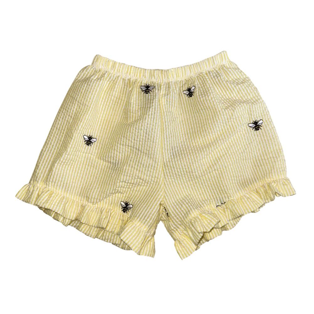 Yellow Seersucker Ruffle Shorts with Bees|9623
