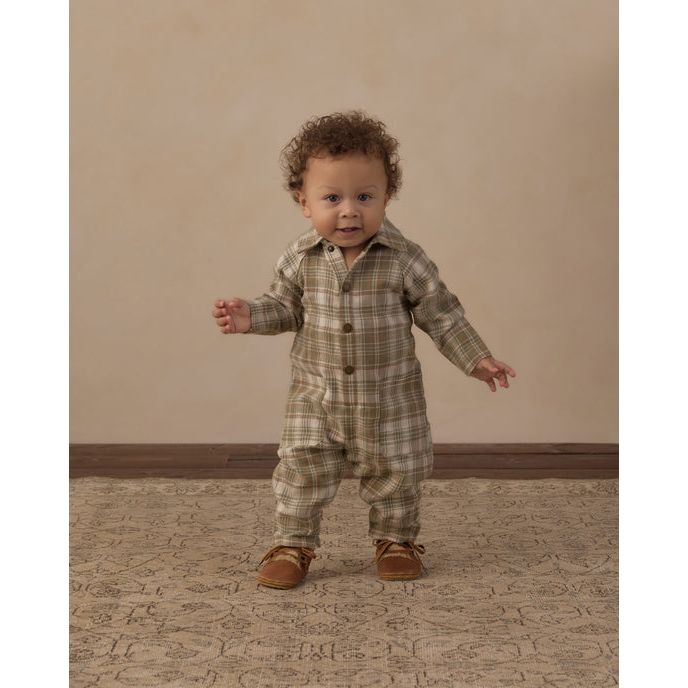 Collared Baby Jumpsuit Olive Dobby Plaid