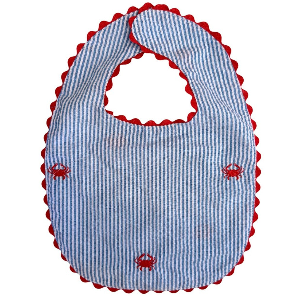 Slate Blue Seersucker with Red Crabs Bib|10100