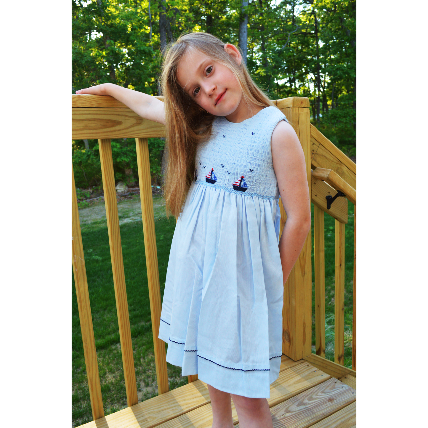 Blue Hand Smocked Sailboats Girl Dress|11603