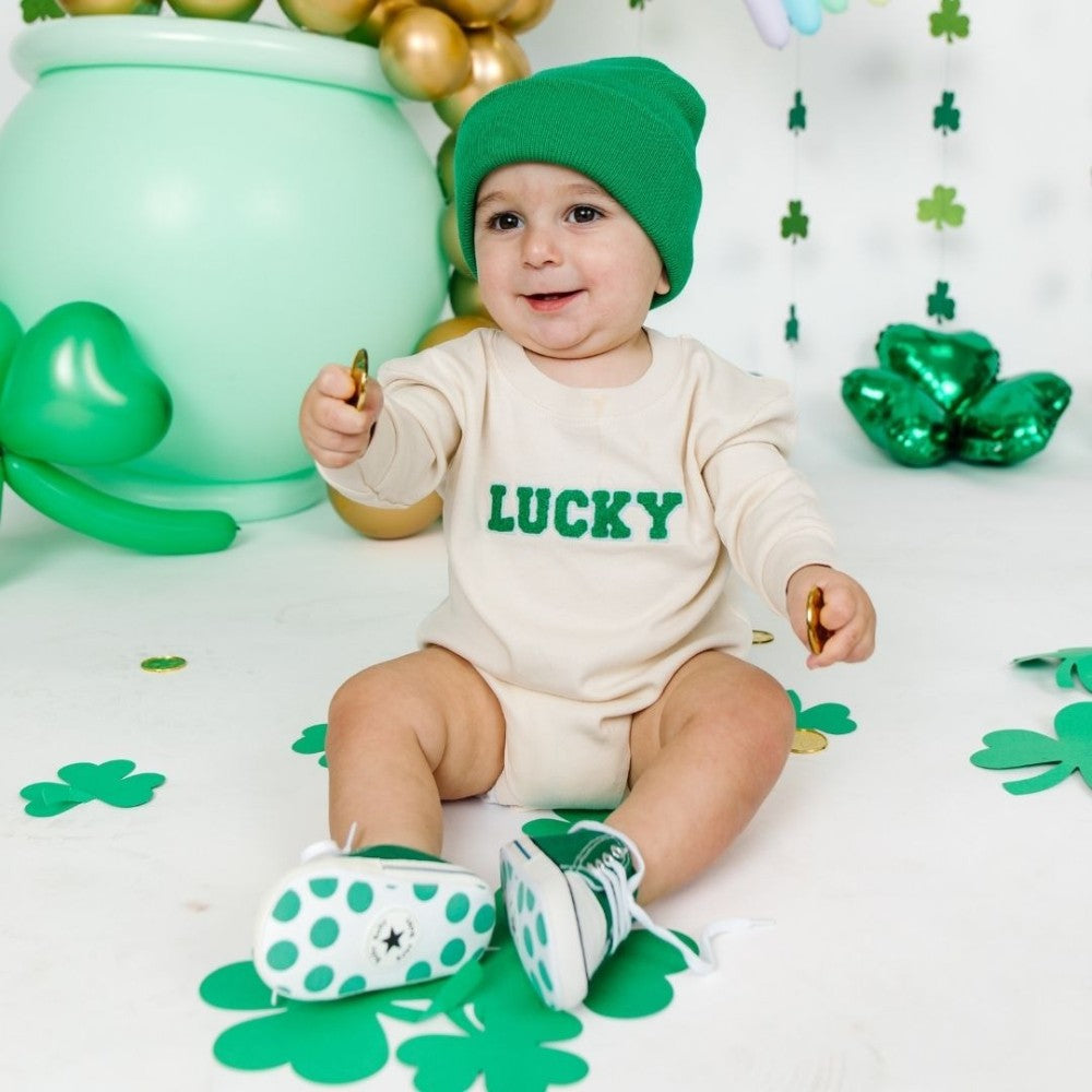 Lucky Varsity Patch St. Patrick's Long Sleeve Romper Natural|10882