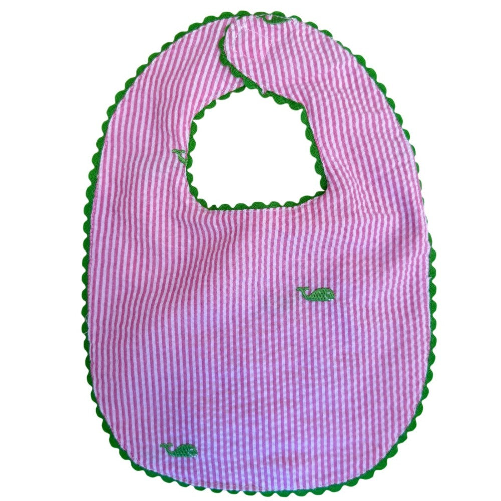 Pink Seersucker Bib with Green Whales|10103