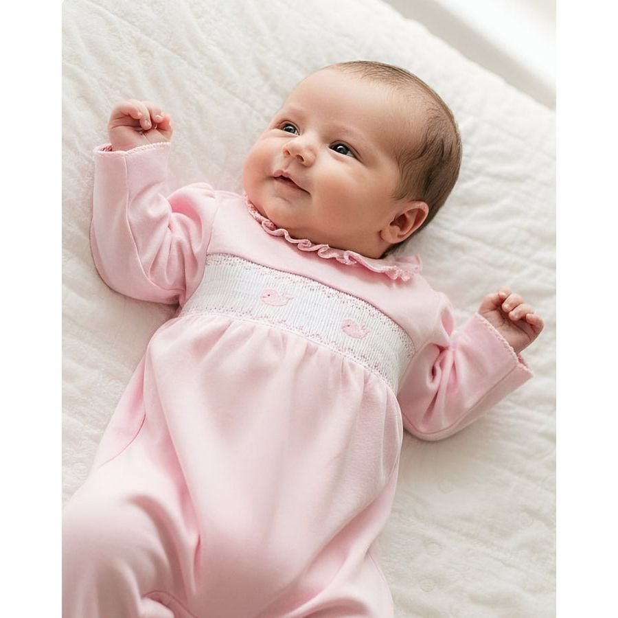 Whale Watch Smocked Footed Romper-Peony