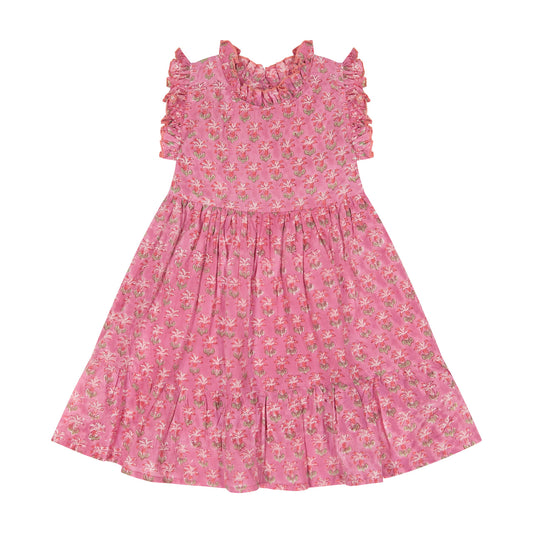 Ondine Ruffle Dress- Pink Palm