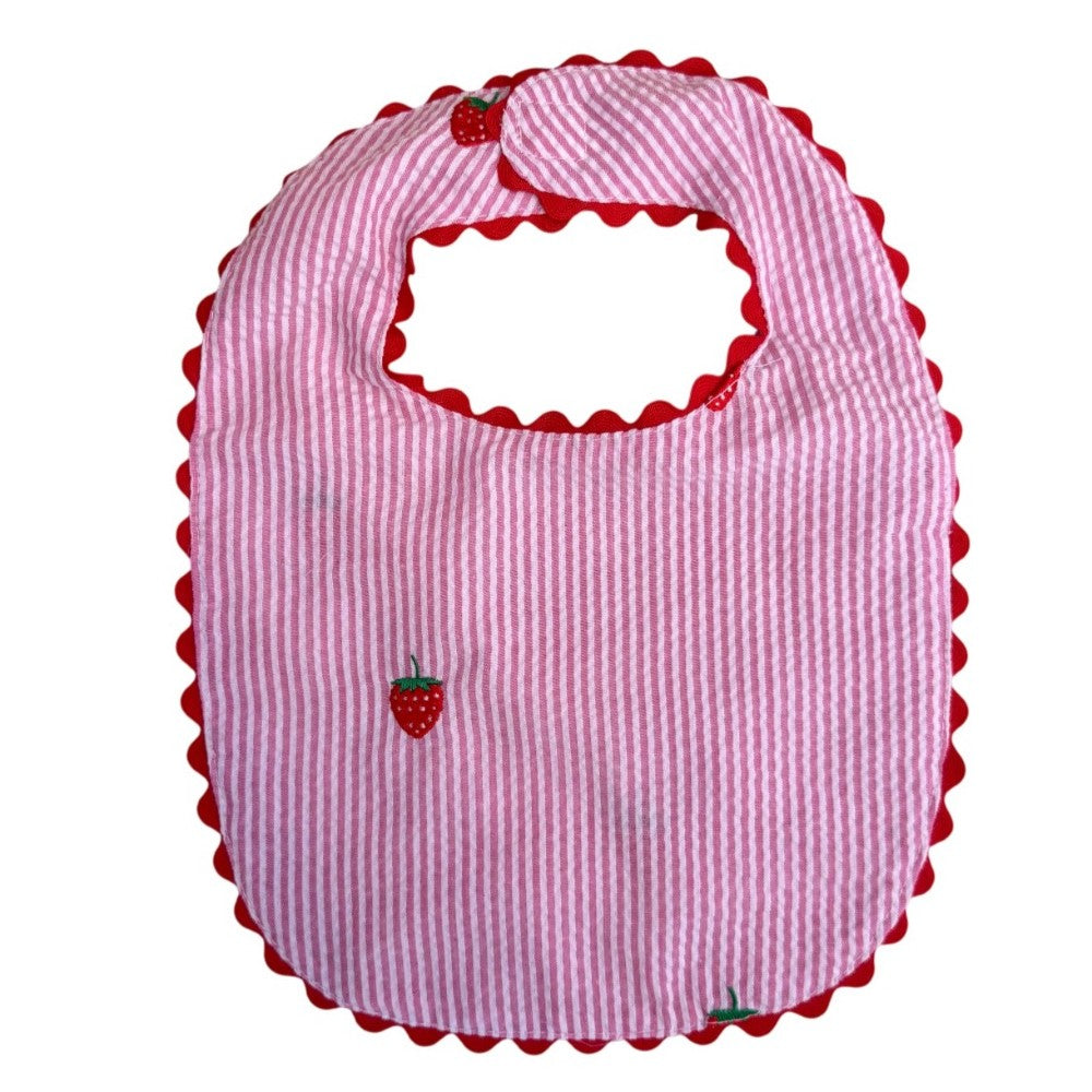 PInk Seersucker Bib with Strawberries|10107