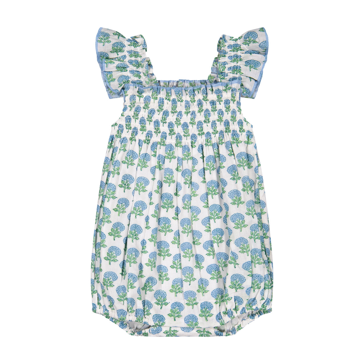 Leila Romper- Aqua Floral Block Print