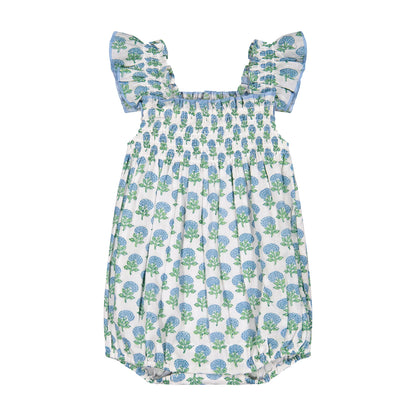 Leila Romper- Aqua Floral Block Print