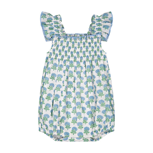 Leila Romper- Aqua Floral Block Print