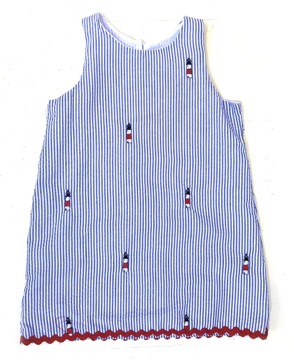 Blue Seersucker Embroidered Sankaty Dress|7894