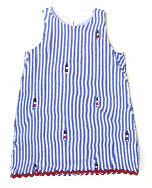 Blue Seersucker Embroidered Sankaty Dress|7894