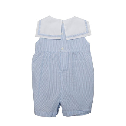 Light Blue Seersucker Sailboats Boy Romper|11613