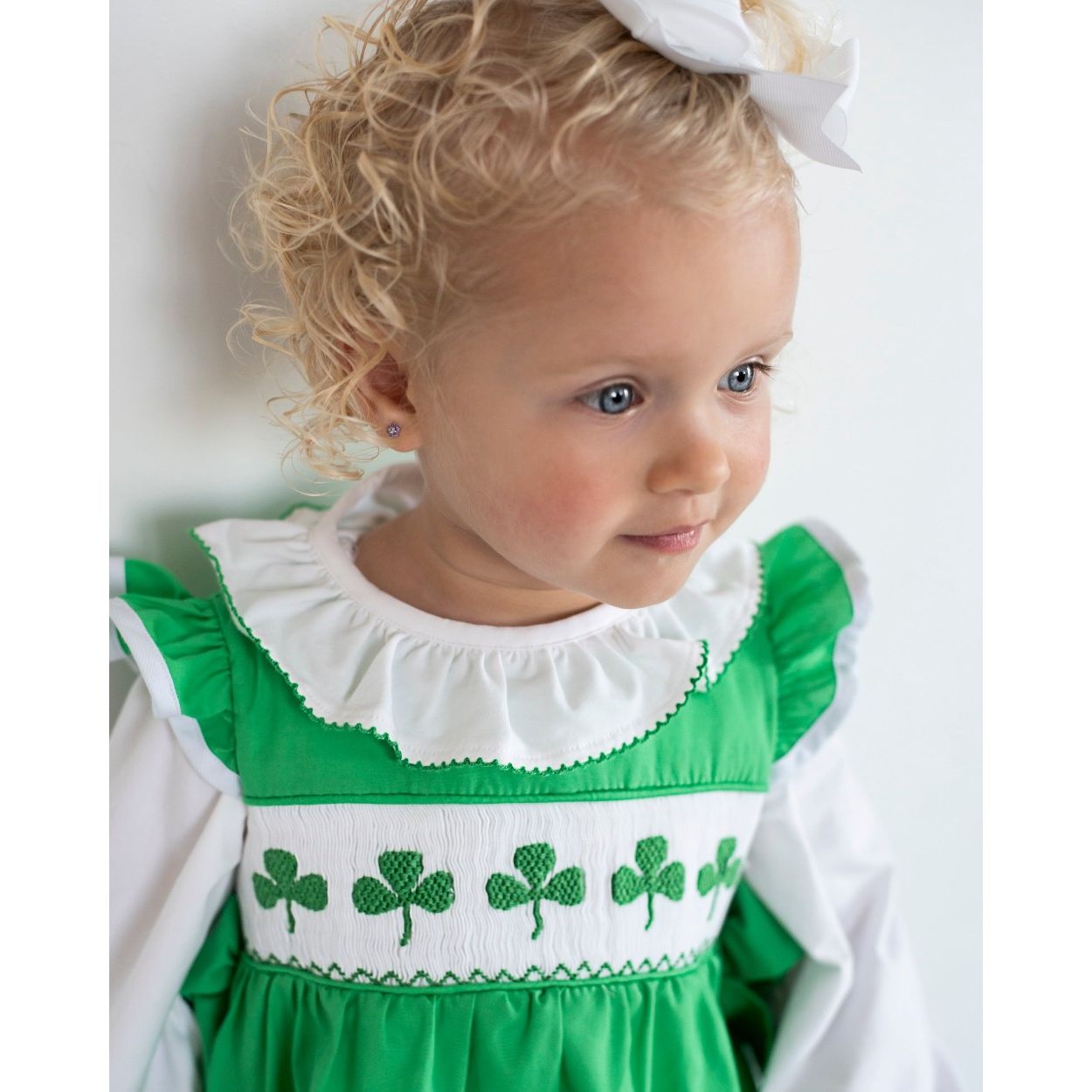 White Knit Blouse with Green Picot Trim|10785