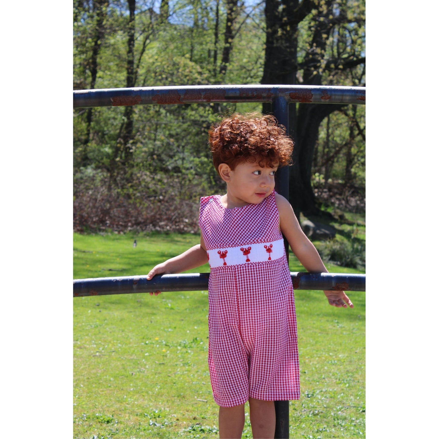 Lobster Seersucker Boy Romper Red