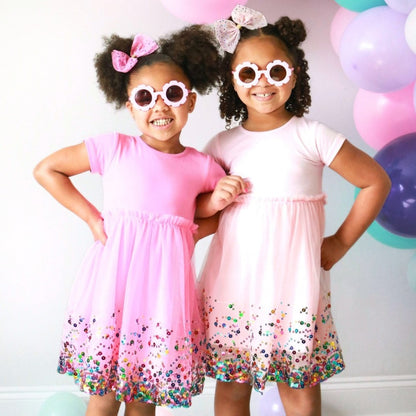 Pink Confetti Short Sleeve Tutu Dress|9722