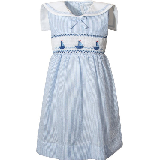 Light Blue Seersucker Sailboats Dress|11587
