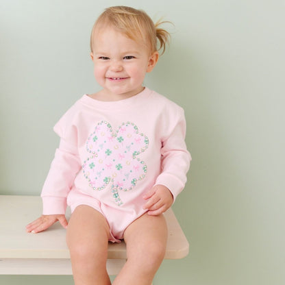 Ditsy Shamrock Patch St. Patrick's Day Long Sleeve Romper Ballet|10880