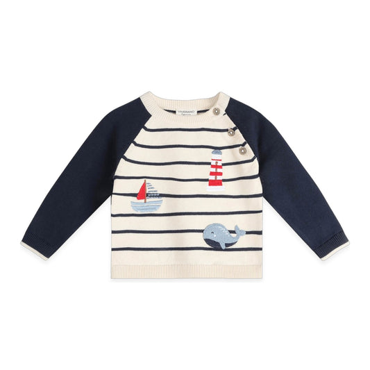 Nautical Stripe Embroidered Knit Baby Pullover Navy