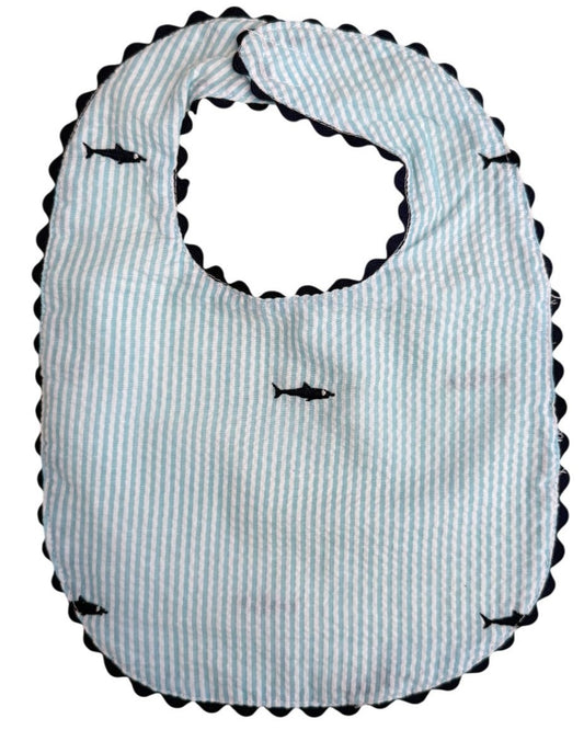Turquoise Seersucker Bib with Navy Shark|10104