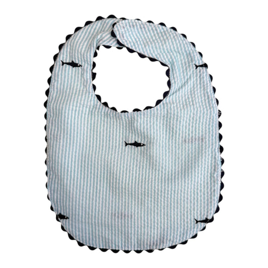 Turquoise Seersucker Bib with Navy Shark