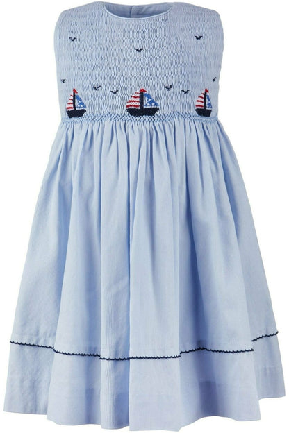 Blue Hand Smocked Sailboats Girl Dress|11600