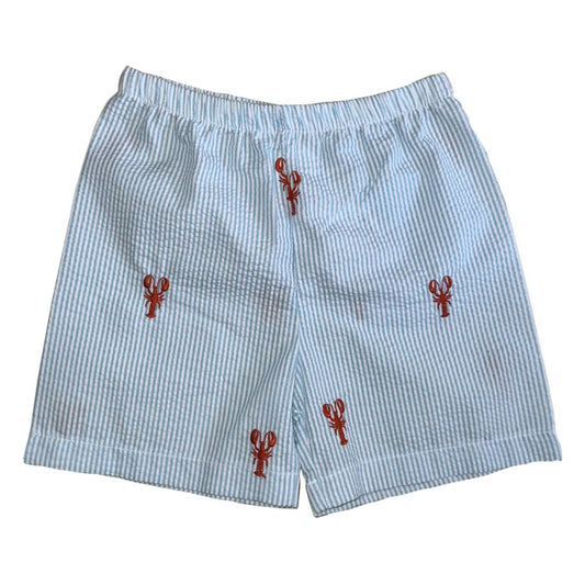 Turquoise Seersucker Shorts with Red Lobsters|9629