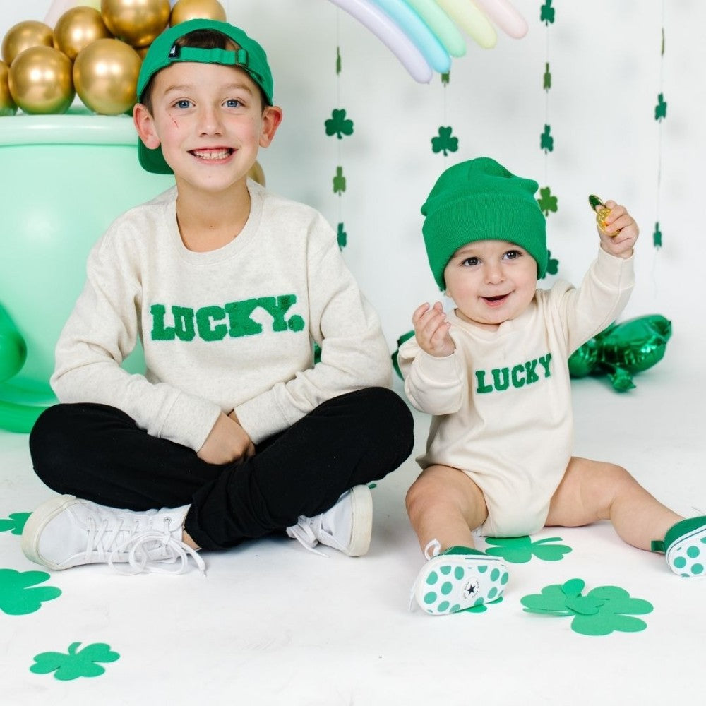 Lucky Varsity Patch St. Patrick's Long Sleeve Romper Natural|10881