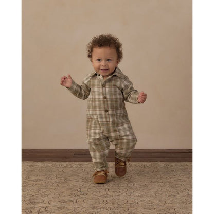 Collared Baby Jumpsuit Olive Dobby Plaid
