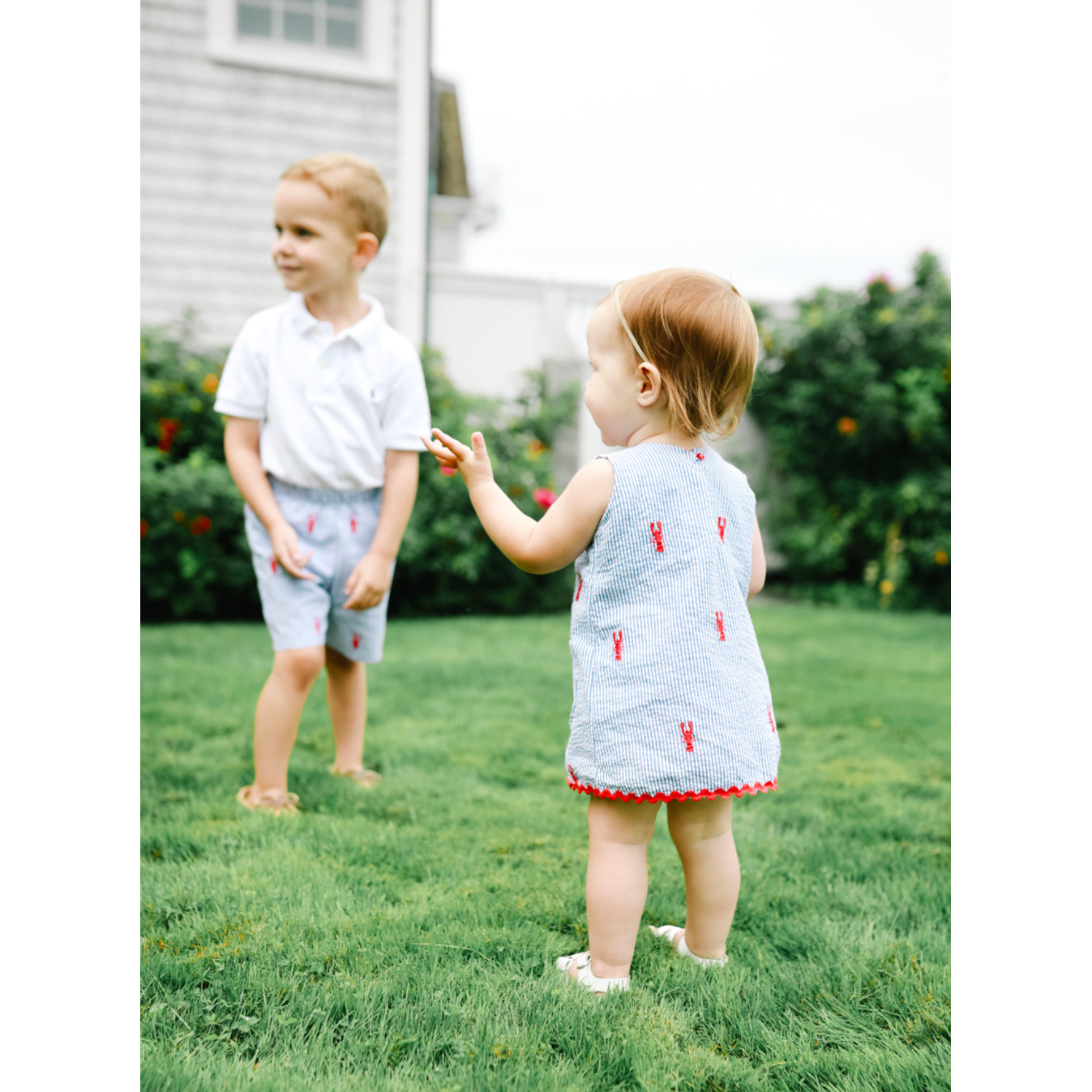 Blue Seersucker Dress with Red Lobsters|3118