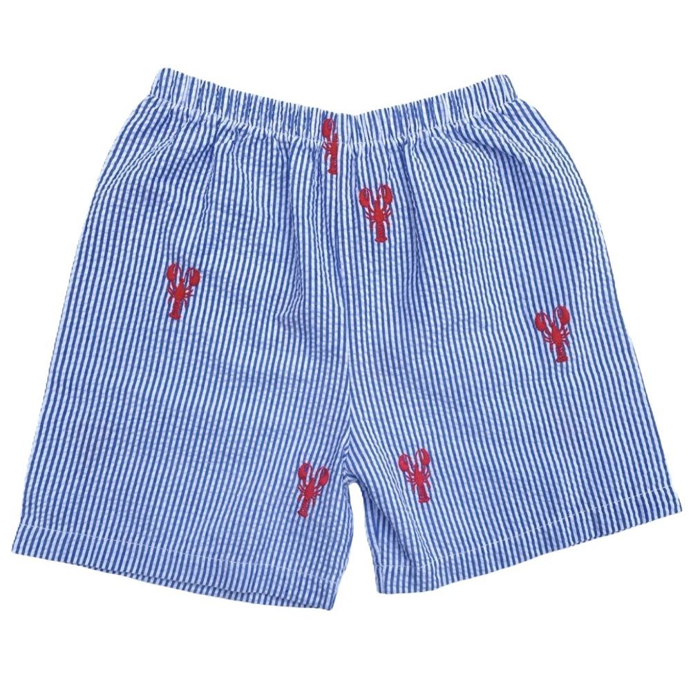 Blue Seersucker Shorts with Red Lobsters|7651