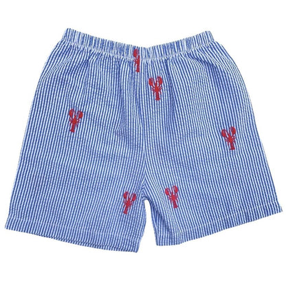 Blue Seersucker Shorts with Red Lobsters|7651