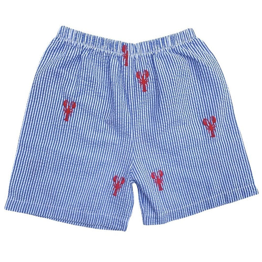 Blue Seersucker Shorts with Red Lobsters|7651