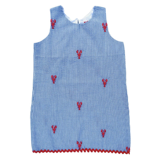 Blue Seersucker Dress with Red Lobsters