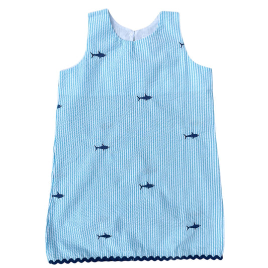 Turquoise Seersucker Dress Navy Sharks