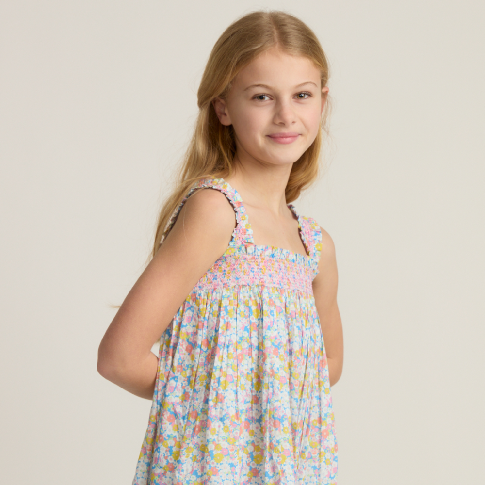 Girls jasmine blossom smocked ruffle strap dress|11464