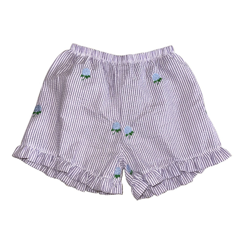Lilac Seersucker Ruffle Shorts with Hydrangeas|9624