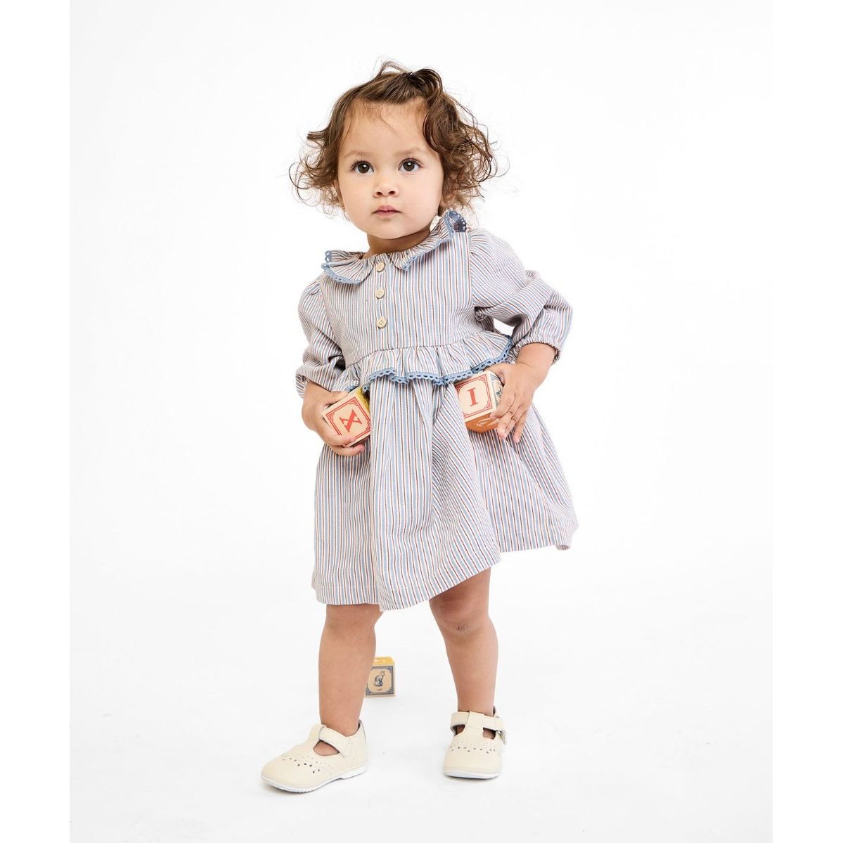 Hannah Baby Dress, Indigo Linen Stripe|9002