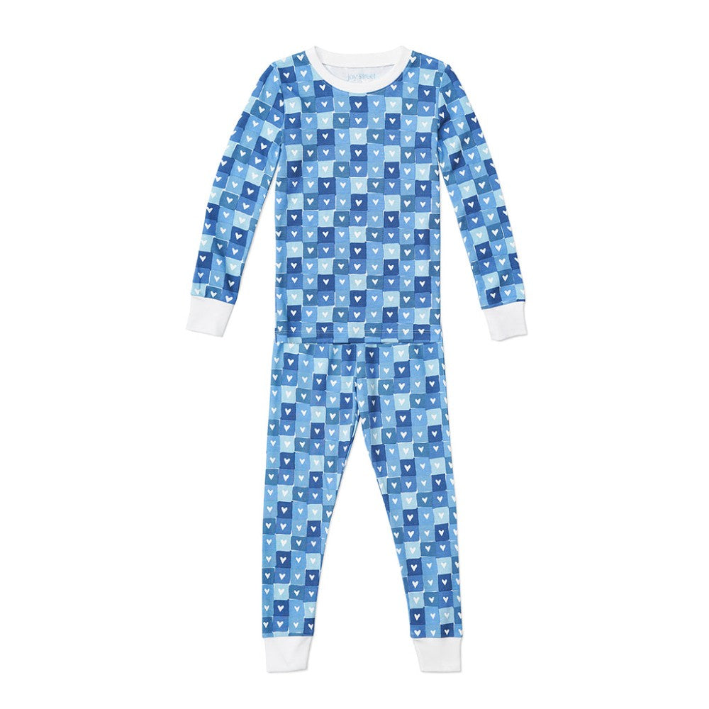 Block Hearts Two Piece Kids Pajamas - Blue|6229