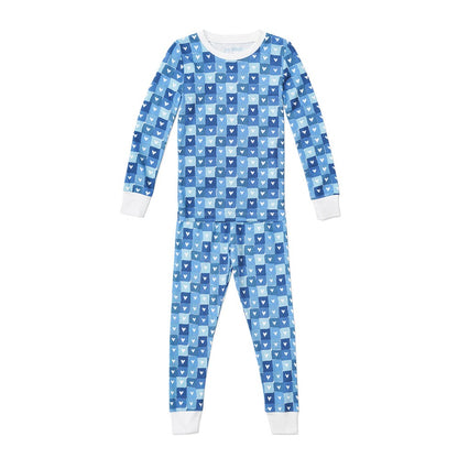 Block Hearts Two Piece Kids Pajamas - Blue|6229