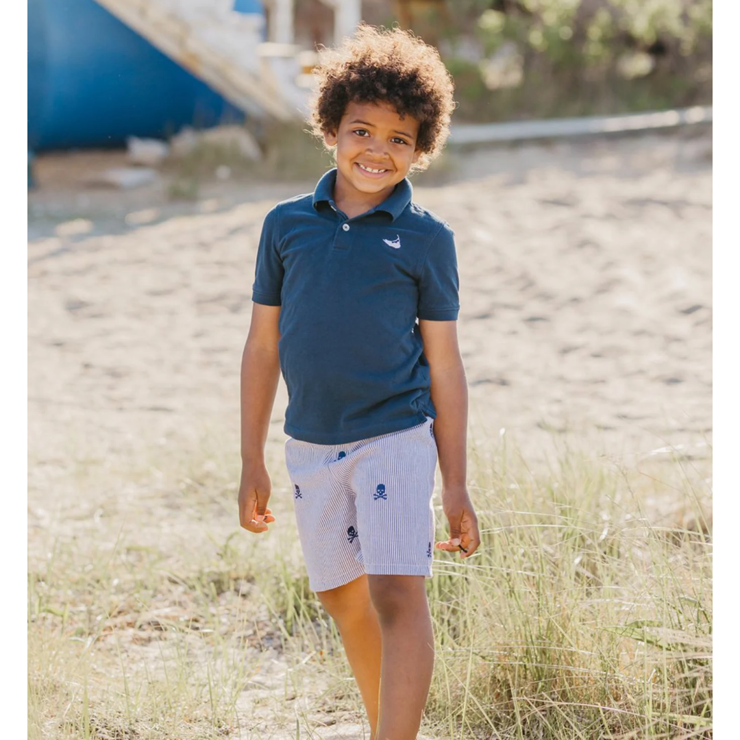 Navy Seersucker Shorts with Navy Skull|3122