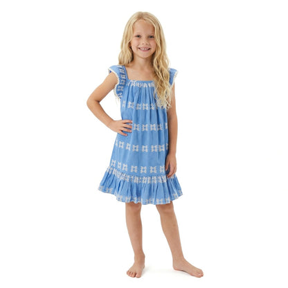 Mini Eva Dress- Blue w/ White Embroidery|11794