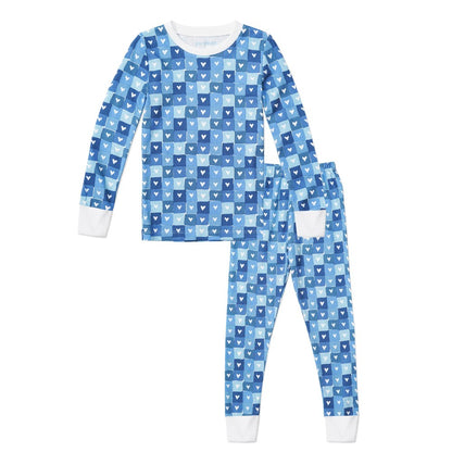 Block Hearts Two Piece Kids Pajamas - Blue|6230